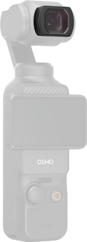 SmallRig 5650 Wide-Angle Lens for DJI Osmo Pocket 3 on tyylikäs ja moderni lisävaruste, joka kiinnittyy pienikokoiseen käsikameraan, jossa on gimbal-kiinnitteinen objektiivi, näyttö ja ohjauspainikkeet. "OSMO" näkyy etupuolella.