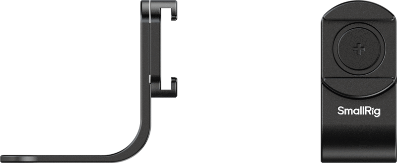 The SmallRig 5825 Mount for Insta360 X4/X5 Cold Shoe is visible from the side, highlighting its L-shaped design, and from the front, with the SmallRig logo and a circular component marked with a plus symbol.