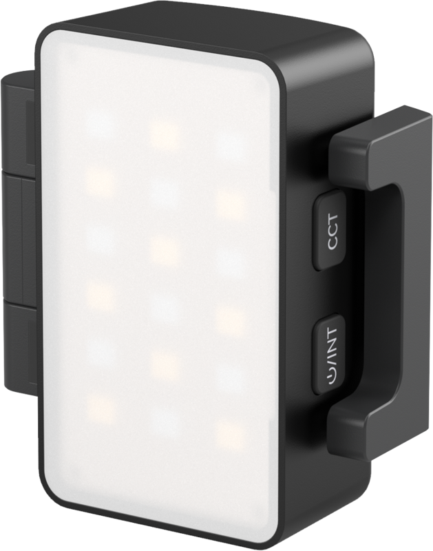 The SmallRig 5733 Bi-Color LED Video Light for DJI Osmo Pocket 3 features a compact, rectangular design with a frosted front, black housing, CCT and U/INT buttons on the side and a handle for easy carrying.
