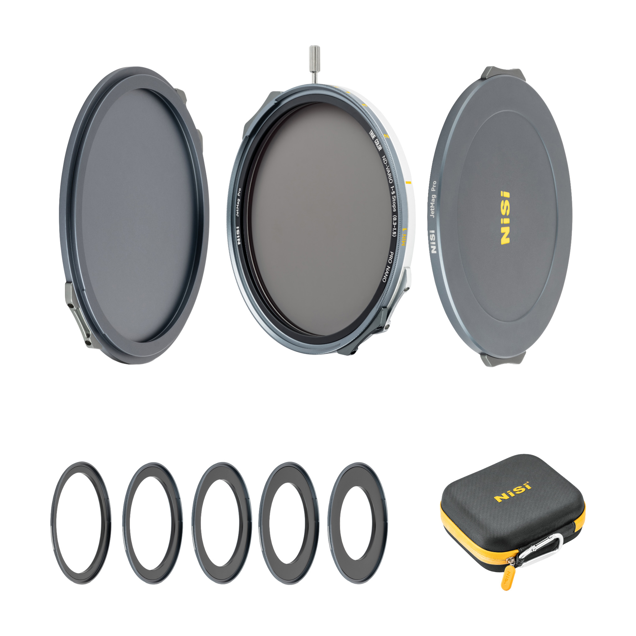 NiSi JetMag Pro 67mm VND 1-5 Stop Flex Kit -ND-suodintarvikesetti sisältää ympyräsuodattimet, sovittimet ja mustan vetoketjullisen kotelon, jossa on keltaiset korostukset ja NiSi-tuotemerkki valkoisella pohjalla.