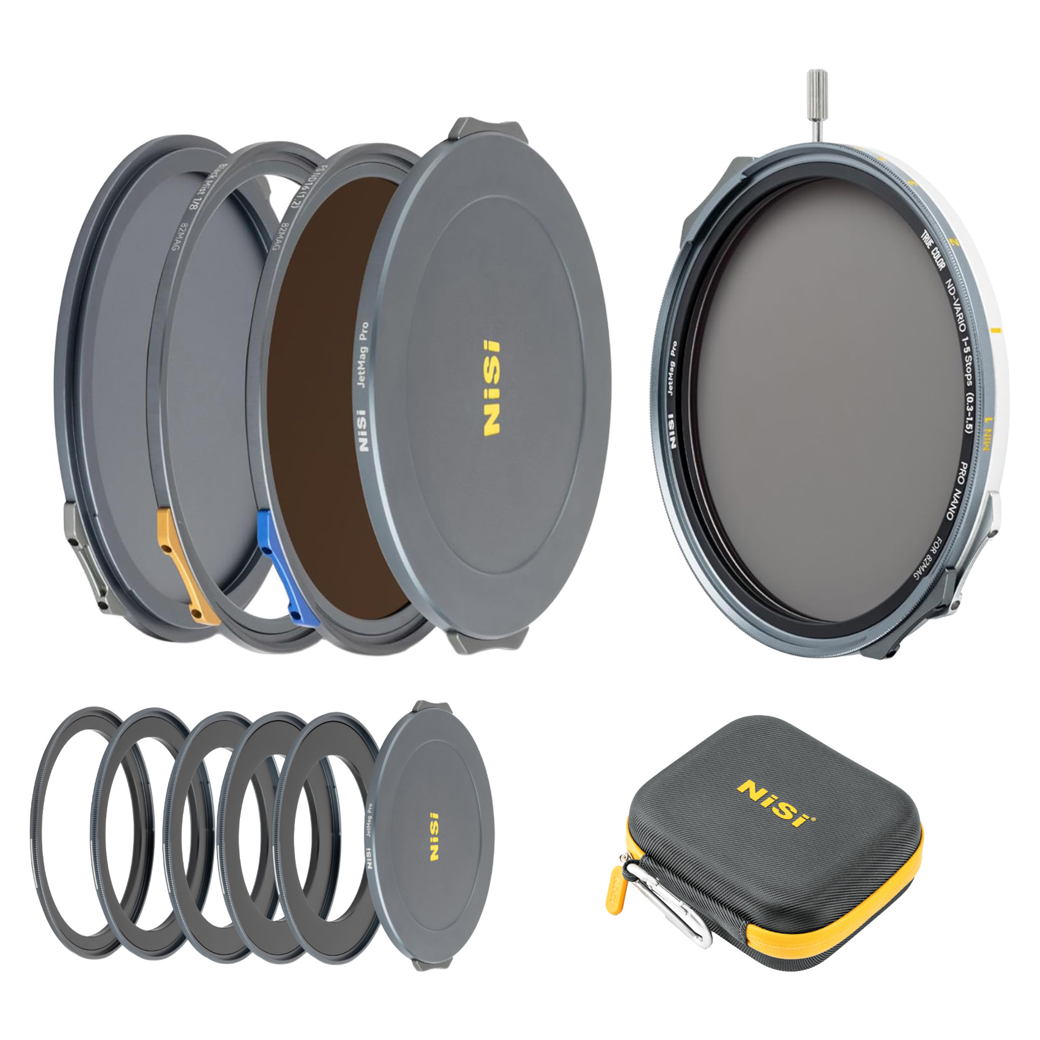 NiSi JetMag Pro 67mm VND 1-9 Stop Mist Creator Kit - ND-suodintarvikesetti sisältää kameran linssisuodattimet suojuksineen, sovitinrenkaat, kantolaukun ja suuren pyöreän säädettävän suodattimen, jotka kaikki näkyvät valkoisella pohjalla.