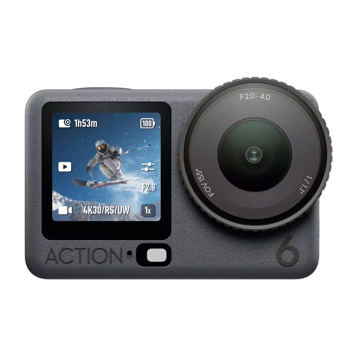 Lähikuvassa DJI Osmo Action 6 Standard Combo -actionkamera -kuvauskamerasta näkyy sen näkyvä linssi ja näyttö, jossa näkyy lumilautailija keskellä ilmaa lumista taustaa vasten, ja näytön alapuolelle on painettu "ACTION 6".