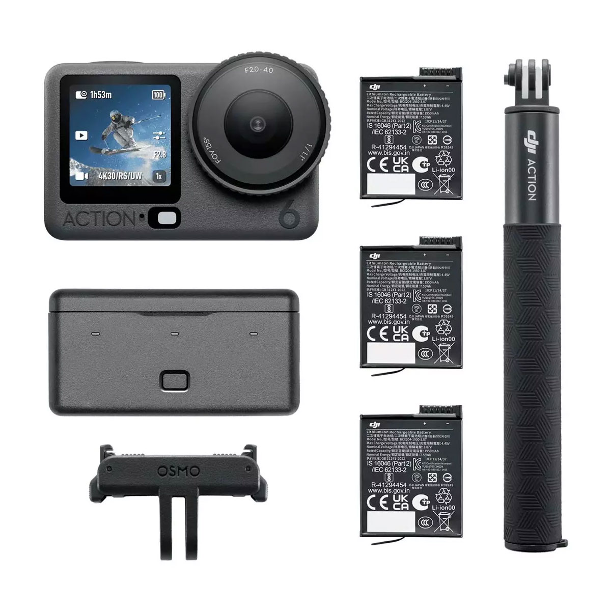 DJI Osmo Action 6 Adventure Combo -toimintakamera, jossa on etunäyttö, kolme akkua, latauskotelo, minijalusta ja kameran runkokiinnike, kaikki valkoisella taustalla.