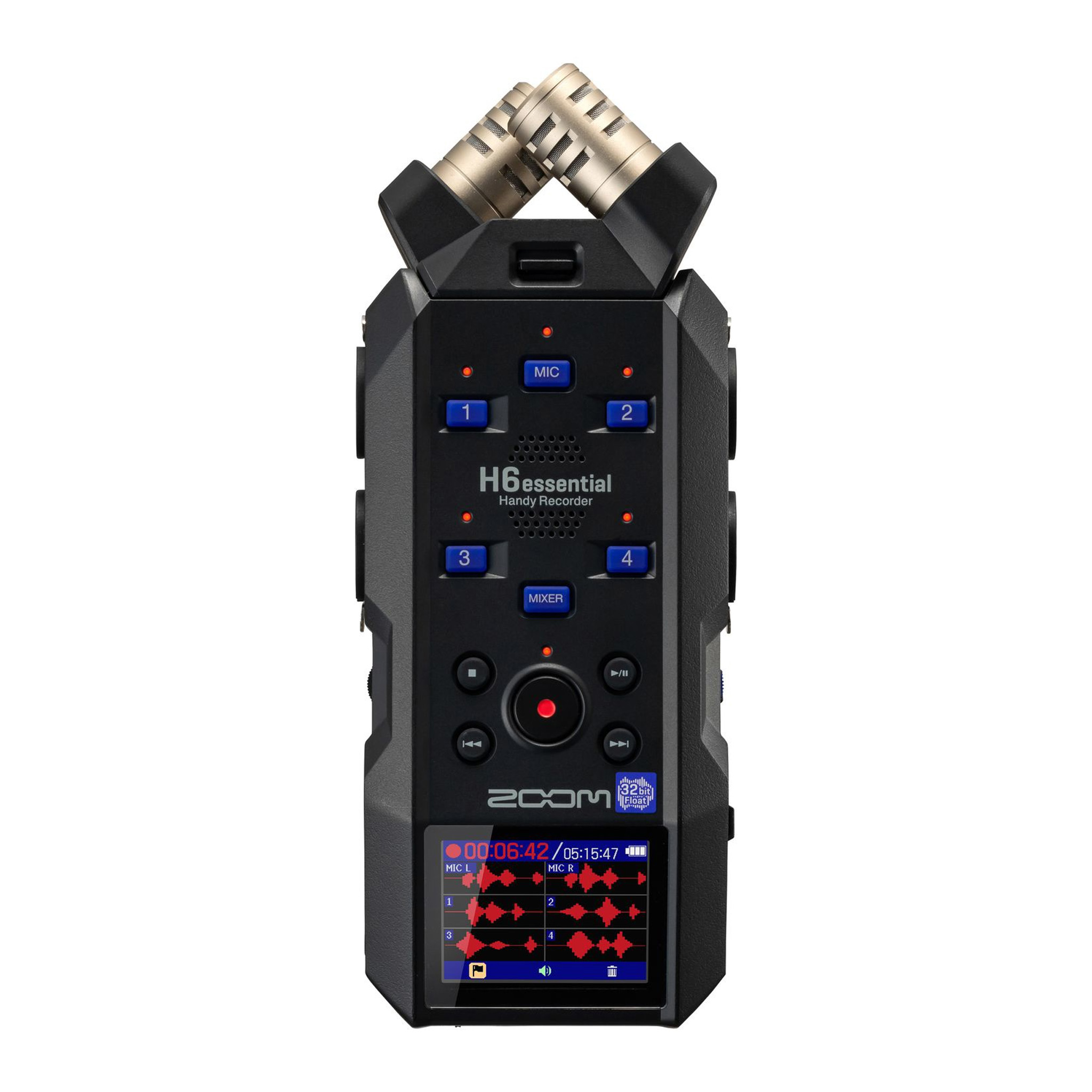 Mustassa Zoom H6essential -äänitallennin on useita painikkeita, valintakiekkoja ja LCD-näyttö, joka näyttää tallennustasot. Kaksi mikrofonia on asennettu päälle X/Y-kokoonpanossa.
