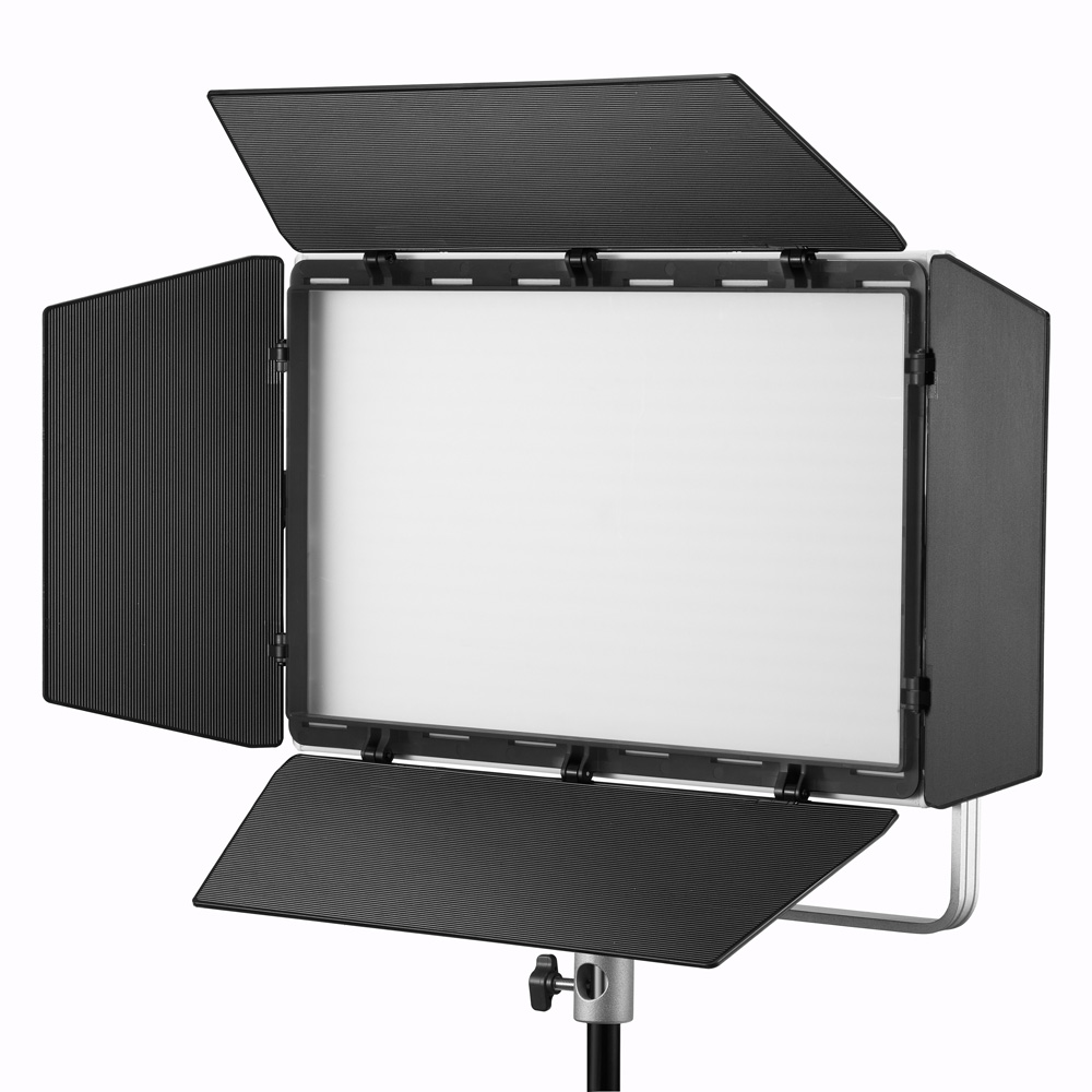 Godox Litemons LP1200Bi Bi-Color LED Light Panel White, mounted on a stand with adjustable barn doors, is displayed against a plain white background.