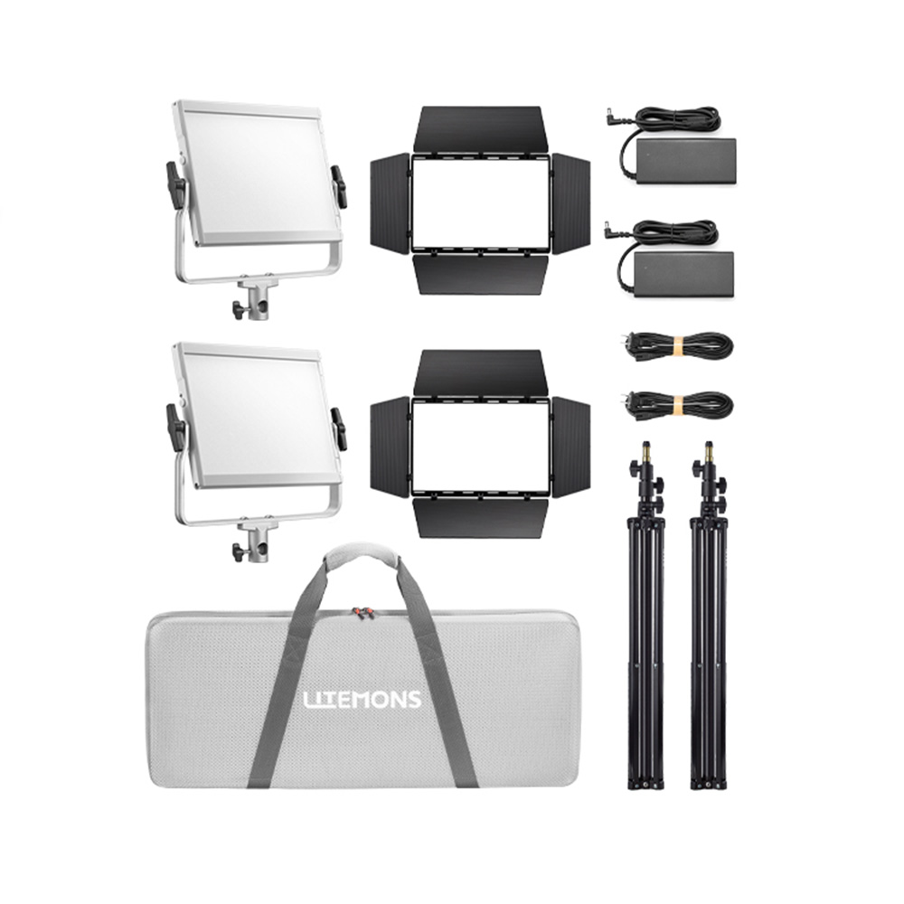 Godox Litemons LP1200Bi Bi-Color LED Light Panel 2 Light Package White includes two LED panels, two stands, barn doors, power adapters with wiring and a grey LITEMONS carrying case, all neatly arranged.