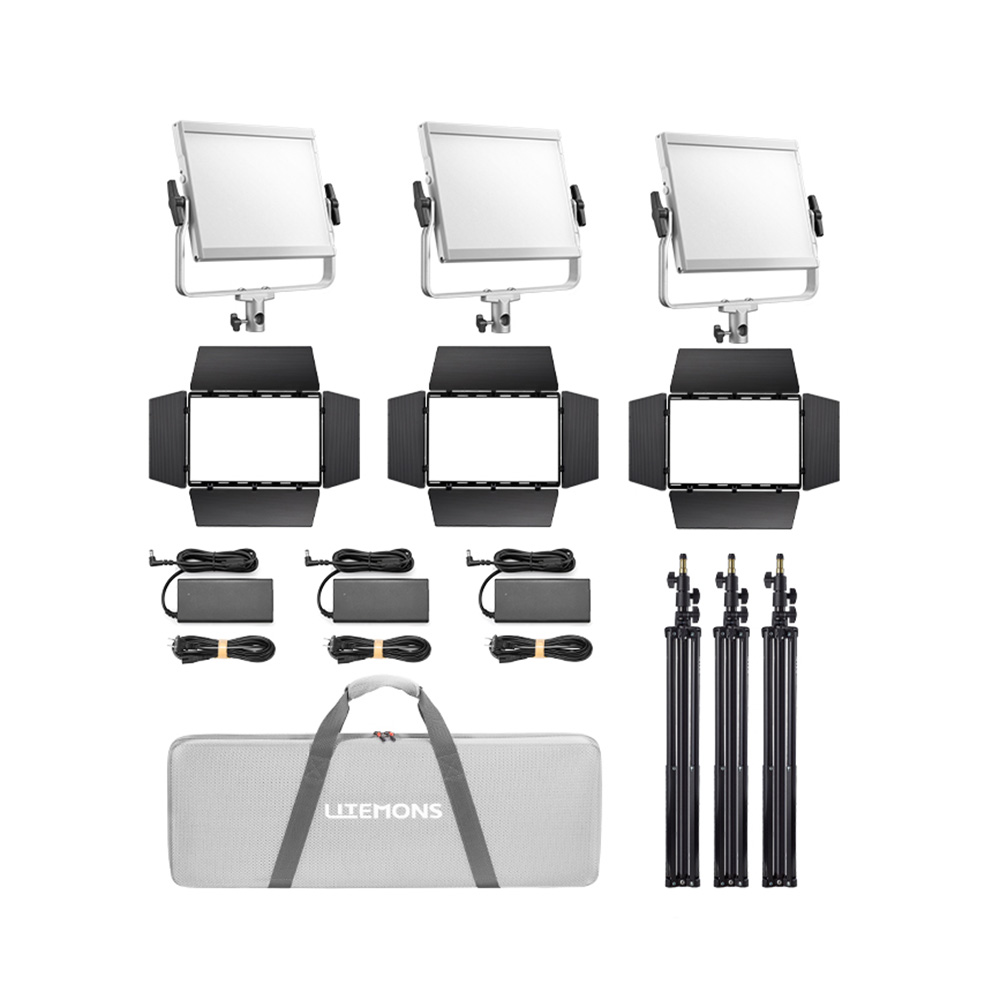 Godox Litemons LP600R RGB LED Light Panel 3 Lights White The kit includes three LED panels with brackets, barn doors, power adapters, wiring, black stands and a grey LITEMONS carrying case arranged on a white background.