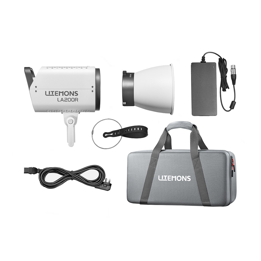 Godox Litemons LA200R RGB LED Video Light Kit Valkoinen sisältää valoyksikön, heijastimen, virtalähteen, kaapelin, kiinnitysrenkaan, hihnan ja harmaan kantolaukun - kaikki siististi järjestettynä valkoisella pohjalla.
