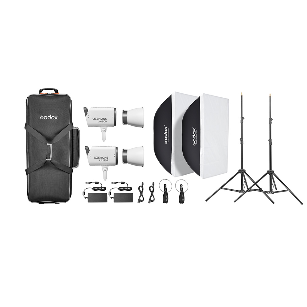 Godox Litemons LA150R RGB LED Video Light 2 Light Kit Valkoinen sisältää kaksi RGB-LED-valoa, softboxit, valotelineet, virtajohdot, laukaisulähettimet, synkronointikaapelit ja kantolaukun - kaikki siististi järjestettynä valkoisella pohjalla.