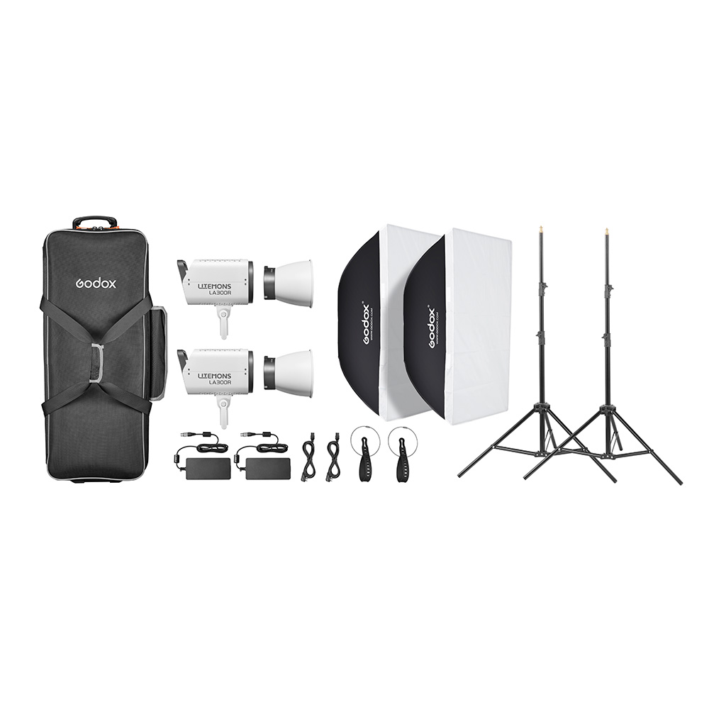 Godox Litemons LA300R RGB LED Video Light 2 Light Kit White includes two LED lights, rectangular softboxes, light stands, power cords, remote controls, reflector plates and a black carrying case arranged on a white background.