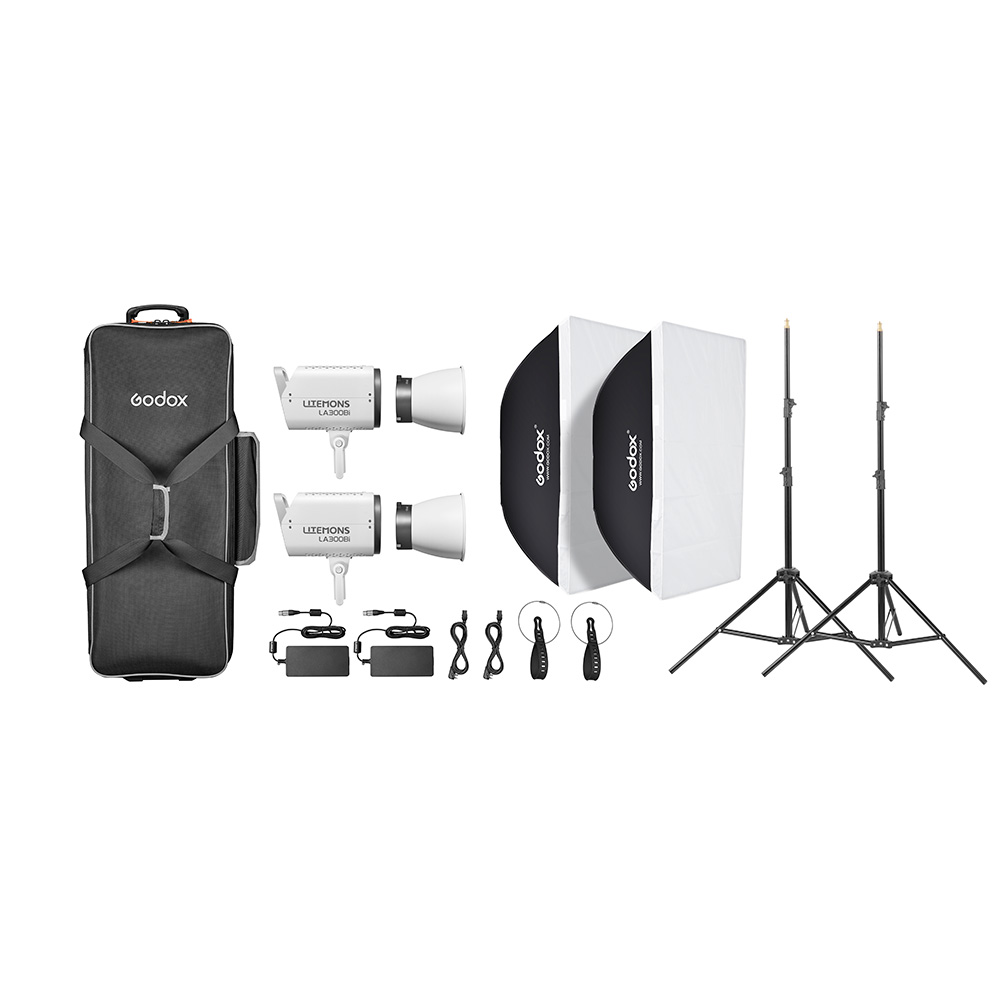 Godox Litemons LA300Bi Bi-Color LED Video Light 2 Light Kit White with two LED lights, rectangular softboxes, stands, power adapters, cables, remote controls and black housing, shown in white.