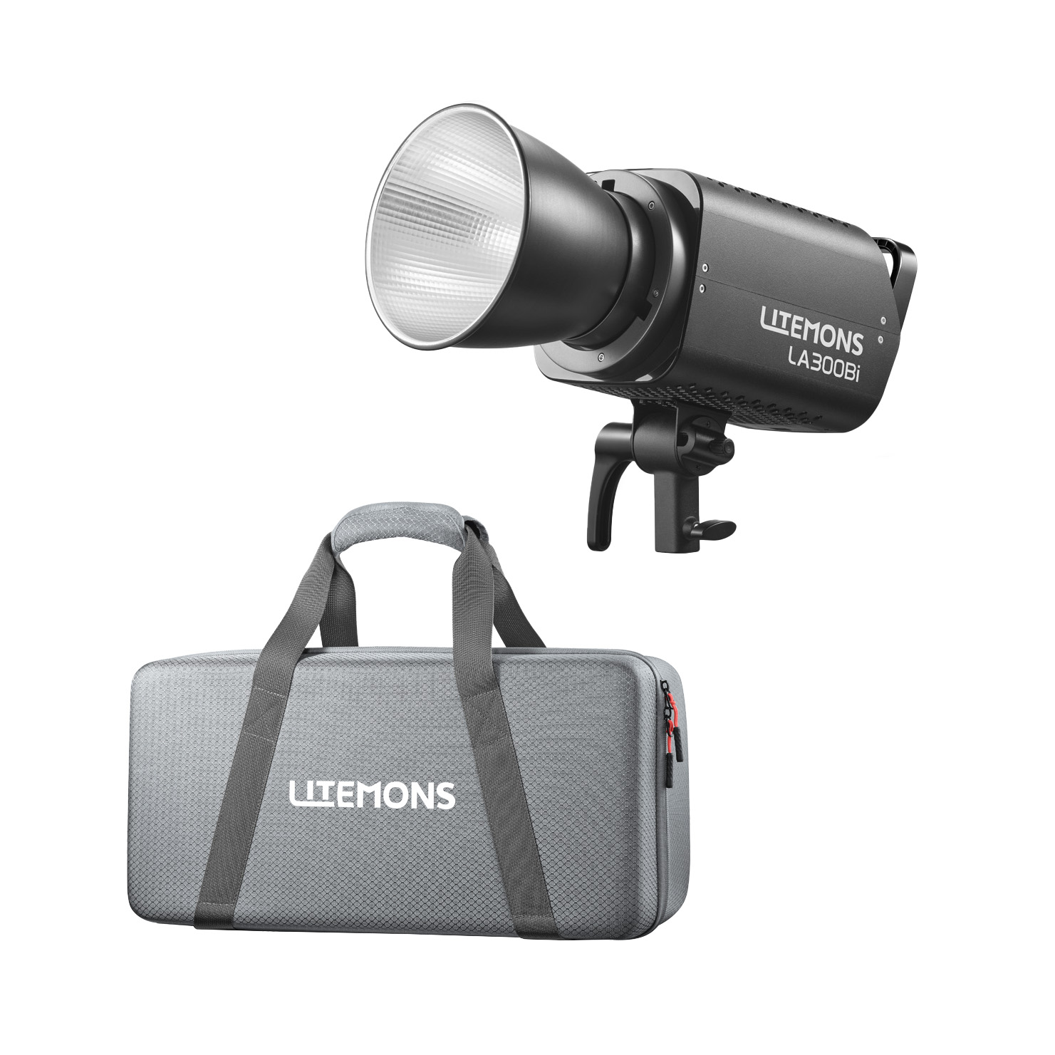 Godox Litemons LA300BI BI-Color LED Video Light Kit Black with silver reflector, visible above the grey textured carrying case with handles and Litemons logo.