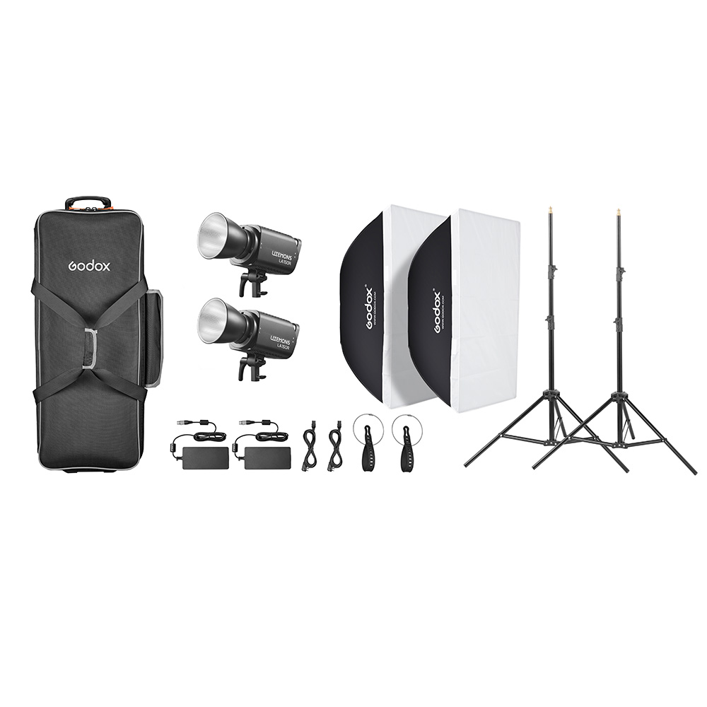 Godox Litemons LA150R RGB LED Video Light 2 Light Kit Black includes two LED video lights, two softboxes, stands, power supplies, remote controls, cables and a carrying case - all in white.