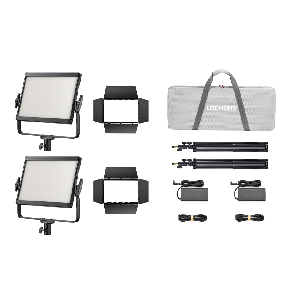 Godox Litemons LP400R RGB LED Light Panel 2 Light Kit Black includes two LED panels with barn doors, two stands, two power supplies with cables and a grey carrying case, all displayed on a white background.