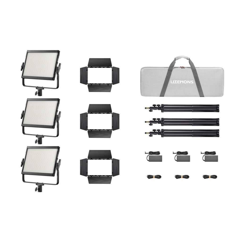 Godox Litemons LP400R RGB LED-valopaneeli 3 valoa Musta Kit sisältää kolme LED-paneelia lato-ovilla, jalustat, virtasovittimet, kaapelit ja harmaan LITEHONS-kantolaukun, kaikki siististi esillä valkoisella pohjalla.