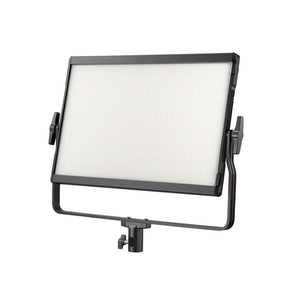 Godox Litemons LP1200R RGB LED Light Panel Black has a rectangular design, black metal frame, adjustable side controls and is mounted on a stand.