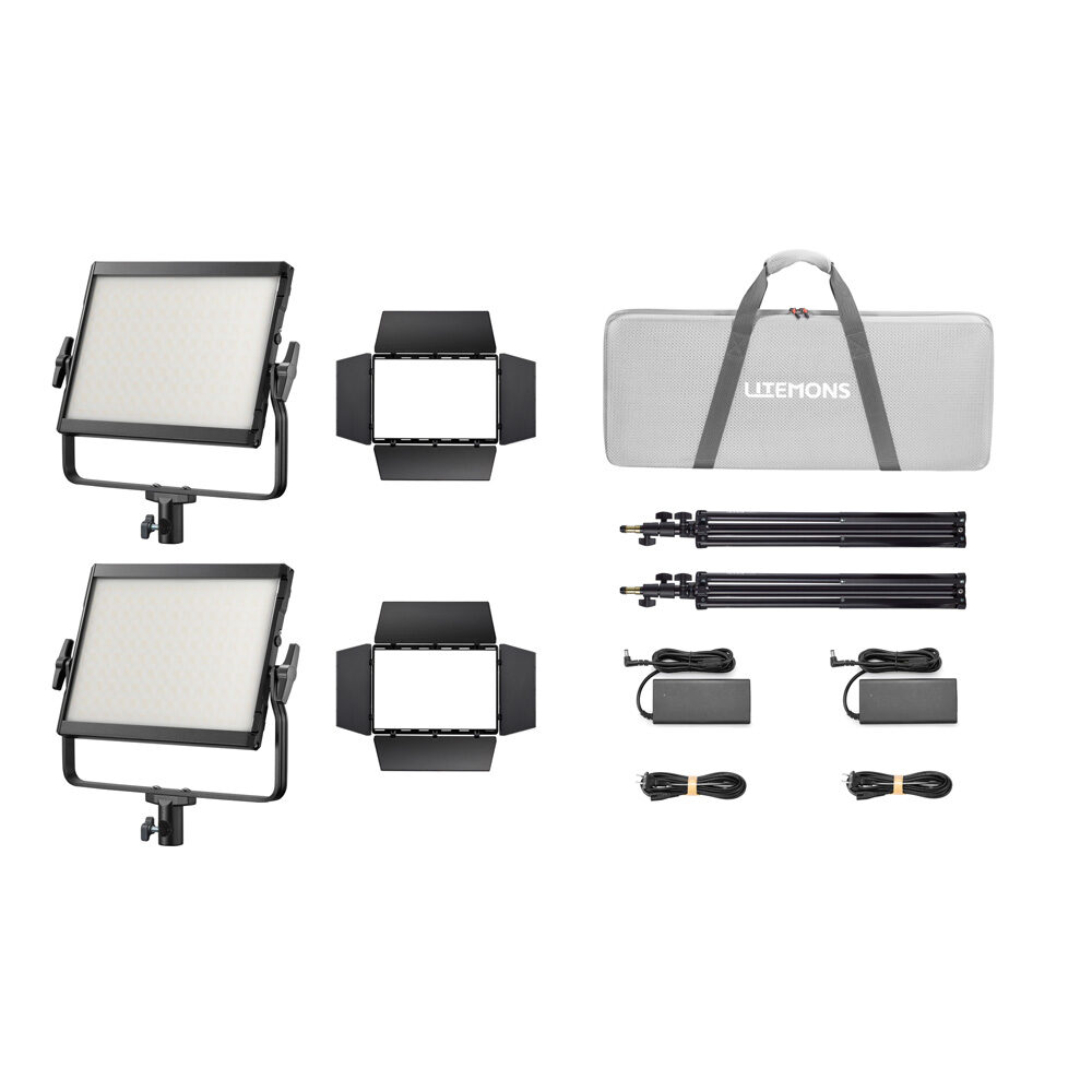 Godox Litemons LP400Bi Bi-Color LED Light Panel 2 Light Kit Black includes two LED panels, barn doors, stands, power adapters with cables and a grey carrying case marked LITEHONS, all on a white background.