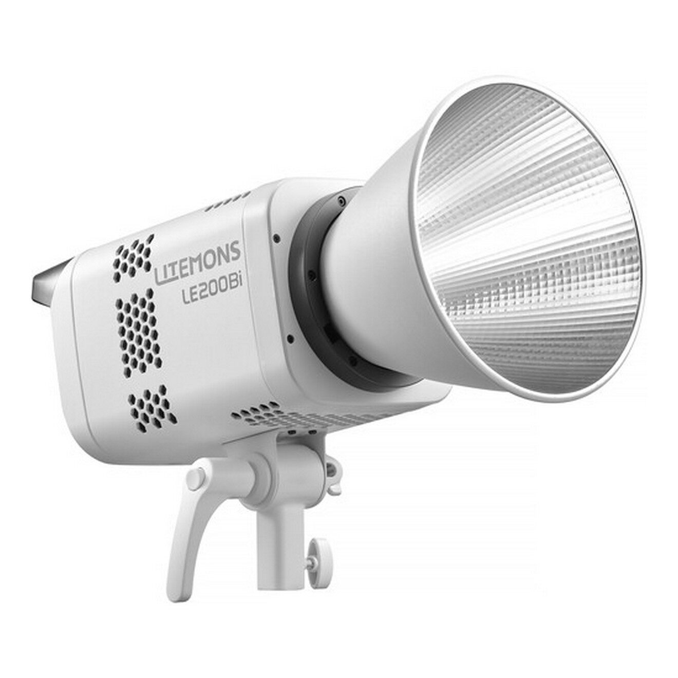 The white Godox LE200Bi Litemons Bi-Color LED light with large silver reflector is mounted on a light stand and has the model name LE200Bi on the side.
