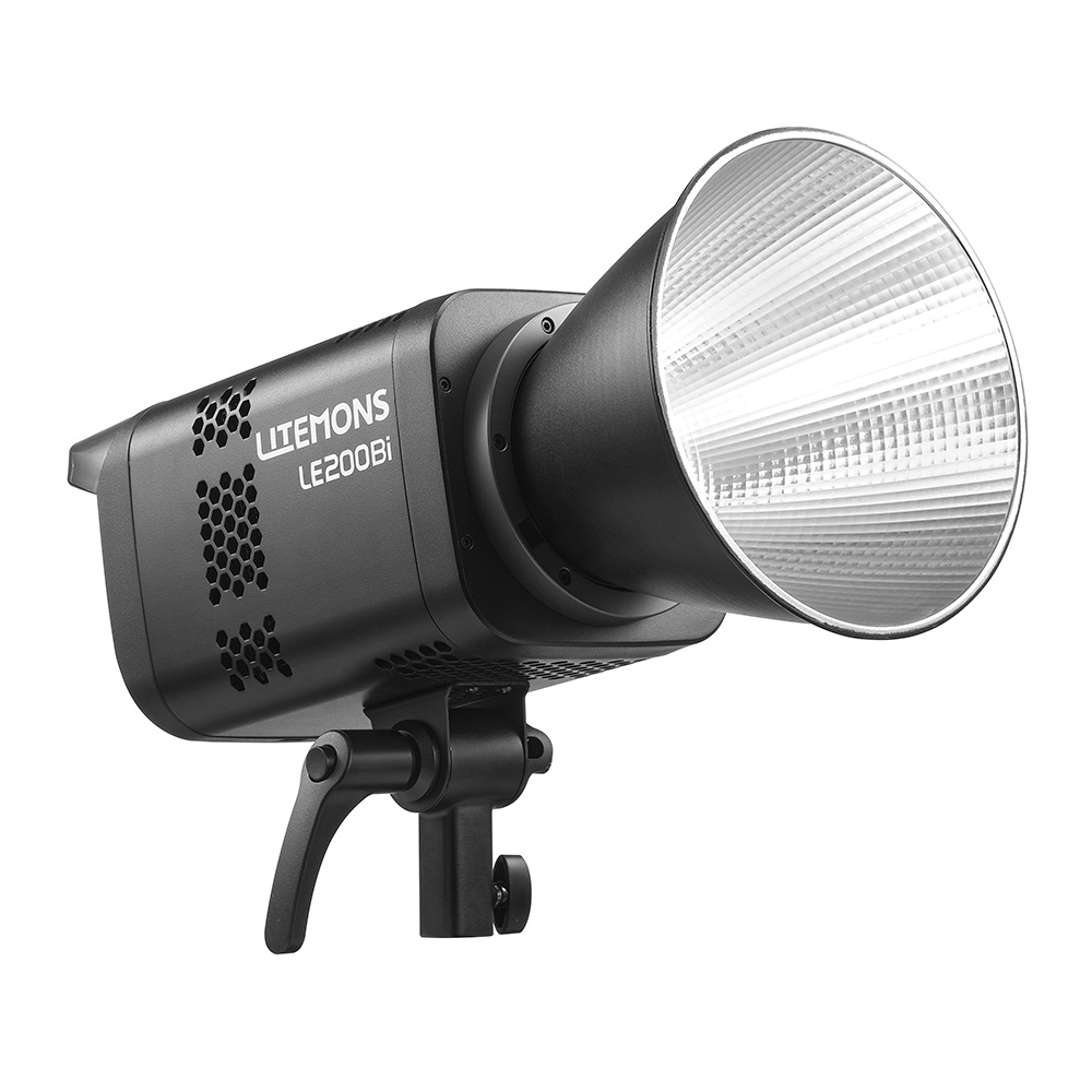 Black Godox LE200Bi Litemons Bi-Color LED luminaire with a large silver reflector mounted on a bracket, isolated on a white background.