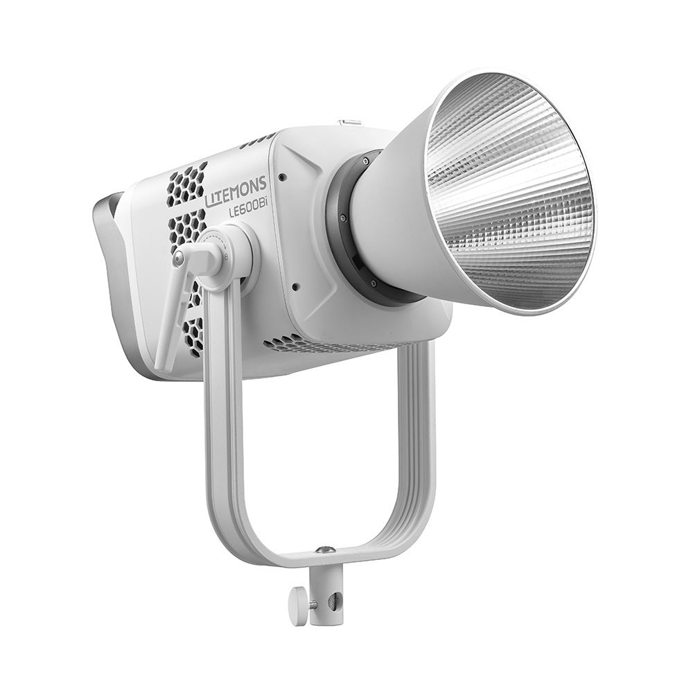 The Godox LE600Bi White Litemons Bi-Color LED studio spotlight features a large reflective cone and a U-shaped bracket with control knobs, shown against a white background.