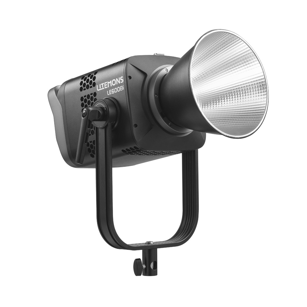 The Godox LE600Bi Black Litemons Bi-Color LED light has a large silver reflector and a U-shaped bracket for mounting on a stand.