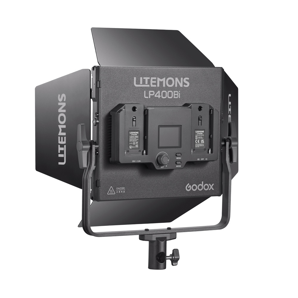 Black Godox Litemons LP400Bi Bi-Color LED Light Panel Black is displayed from the rear with open barn doors, visible battery panels, control panel and mounting.