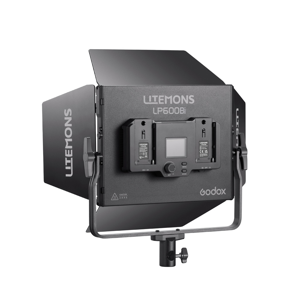 Godox Litemons LP600Bi Bi-Color LED Light Panel Black is equipped with charging ports, battery compartments, digital display and control buttons mounted in a U-shaped yoke for easy placement.