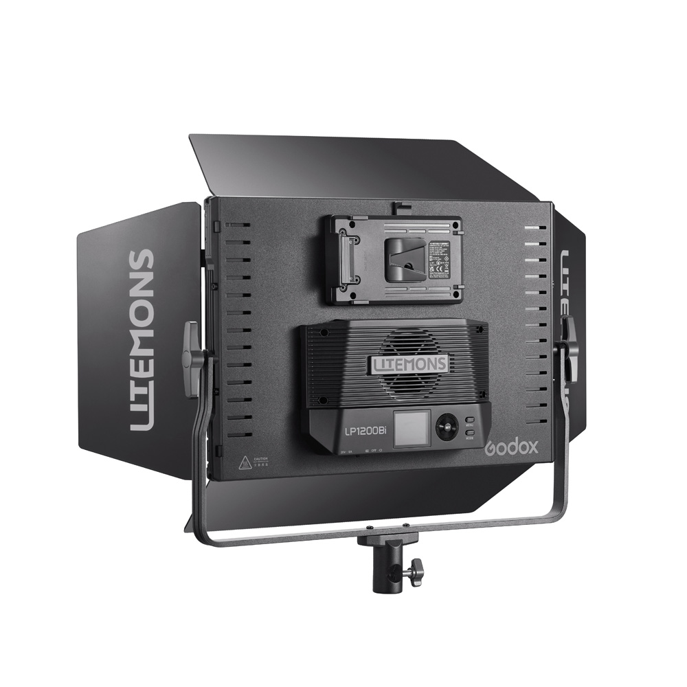 Black Godox Litemons LP1200Bi Bi-Color LED Light Panel Black with adjustable barn doors, digital display and bracket, viewed from the rear.