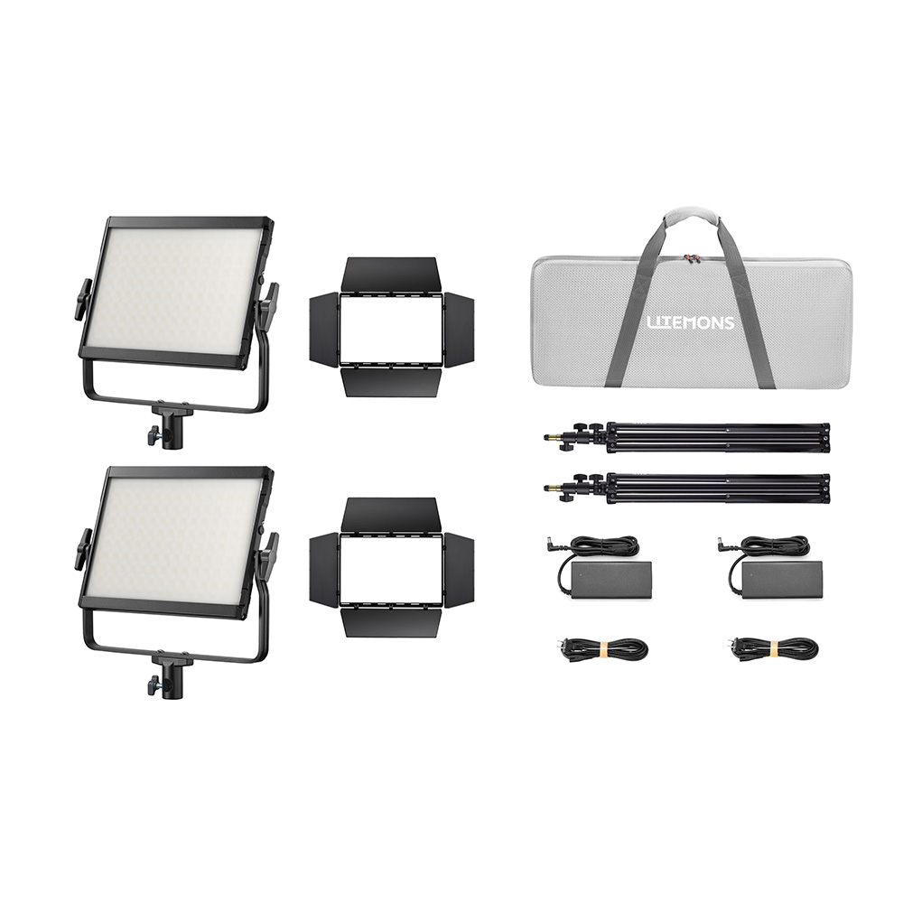 Godox Litemons LP1200Bi Bi-Color LED Light Panel 2 Light Kit Black includes two LED panel lights, barn doors, light stands, grey carrying case, power adapters and cables neatly arranged on a white background.