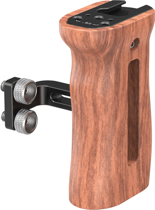 The SmallRig 2093 Handle Wooden Universal Side Handle is a wooden camera handle with an ergonomic design and a metal mounting bracket with two knobs for attaching to the camera rig.