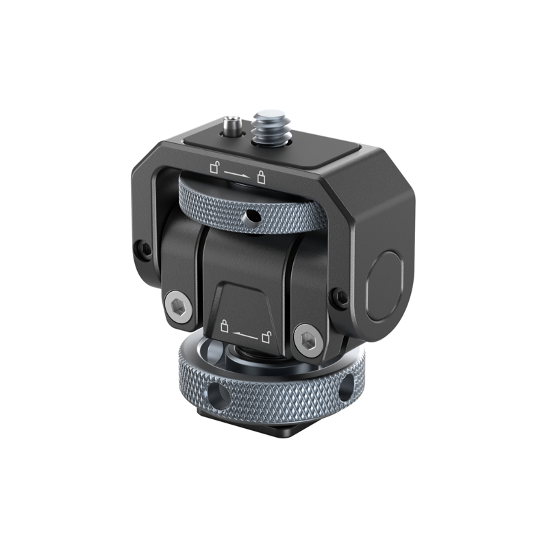 SMALLRIG 3809 Monitor Mount Lite with Cold Shoe on musta metallinen kameran kiinnityssovitin, jossa on kuvioidut hopeanväriset säätönupit, lukitusmekanismi ja ruuvi jalustan tai lisävarusteiden kiinnittämistä varten, kuvassa valkoisella pohjalla.