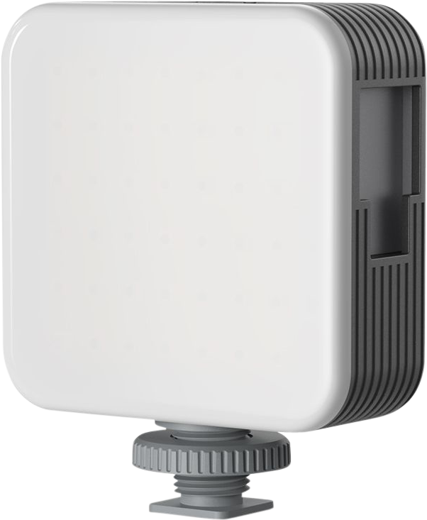 SMALLRIG 4055 VIDEO LIGHT VIBE P108 RGB is a compact, square LED panel with white front and grey sides, mounted on a grey adjustable stand with threaded mounting for cameras or tripods.