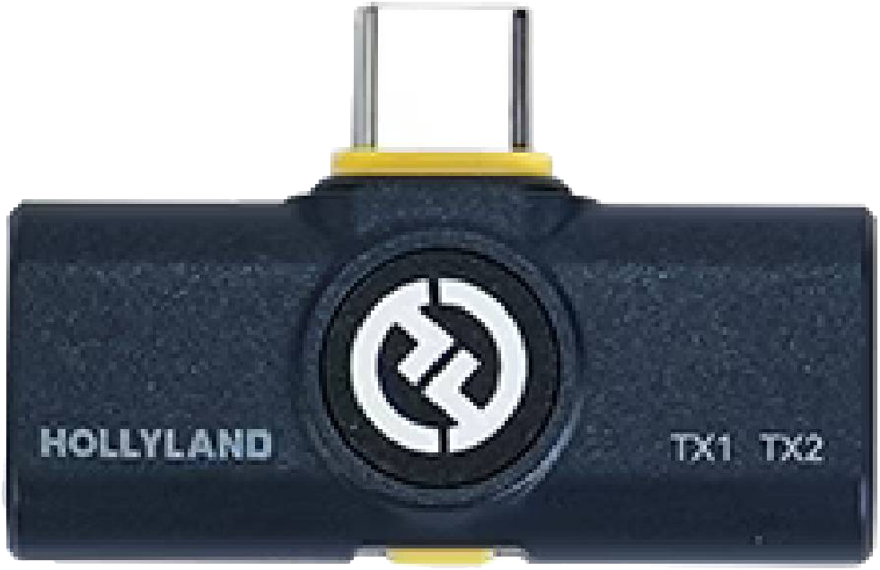 Lähikuvassa HOLLYLAND LARK M2 USB-C-VASTAANOTTAJASTA (SHINE CHARCOAL) näkyy USB-C-liitin, keskuslogo ja TX1/TX2-merkinnät sen tummansinisessä rungossa.