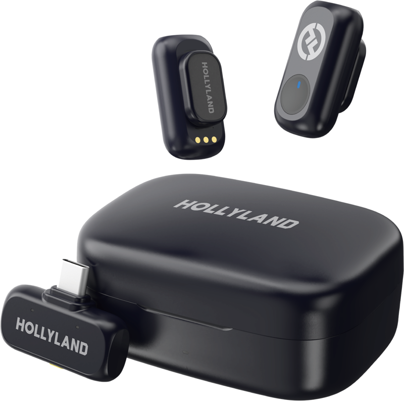 800q-01_133526 HOLLYLAND LARK A1 DUO WITH USB-C RX + CHARGING CASE on musta langaton mikrofonijärjestelmä, jossa on kaksi kompaktia lähetintä, latauskotelo ja USB-C-liitäntäinen vastaanotin.