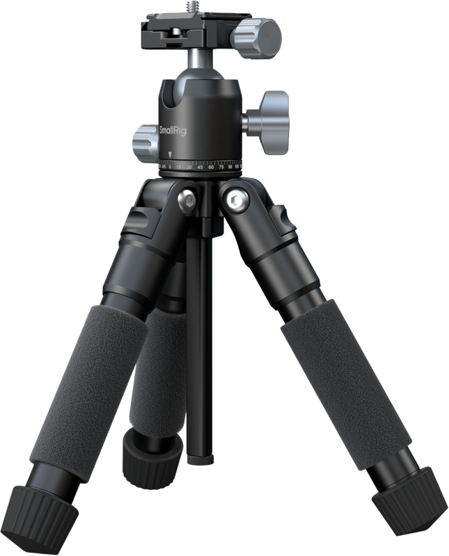 SmallRig 5470 VT-20Pro Portable Desktop Tripod -pöytäteline on kompakti musta kolmijalka, jossa on pehmustetut vaahtomuovikahvat, säädettävät nupit ja kuulapääkiinnitys kameroille tai muille laitteille.