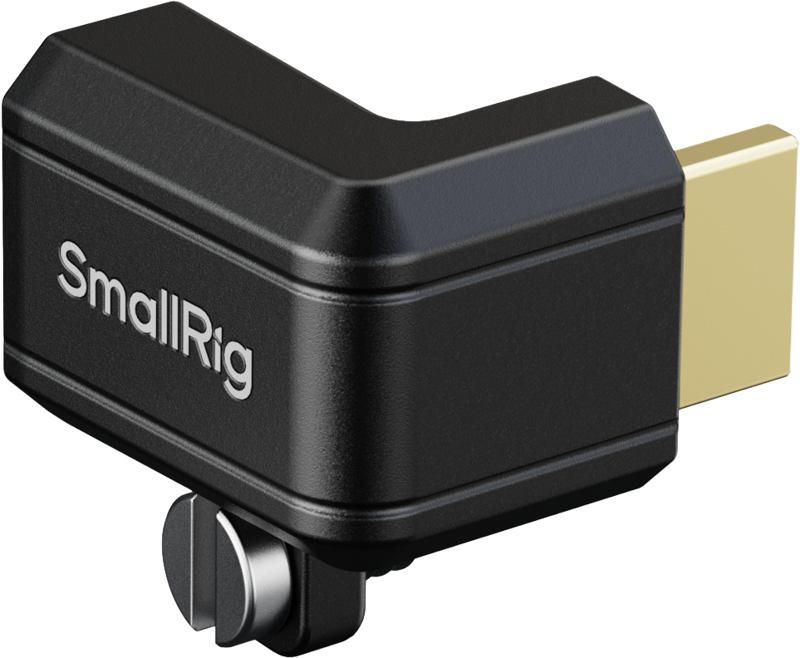 SmallRig 5593 High-Definition HDMI-sovitin Sony FX2:lle on musta, L-muotoinen sovitin, jossa on kultainen liitin, kiinnitysruuvi alareunassa ja "SmallRig" painettu sivuun.