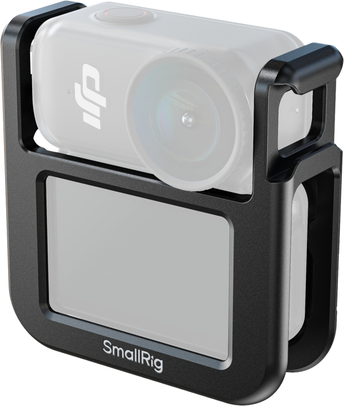 Musta SmallRig 5764 Half Cage DJI Osmo Nanoon -kehikko pitää kompaktin toimintakameran turvallisesti ja tarjoaa suojaa ja kiinnitysmahdollisuuksia. SmallRig-logo näkyy häkin alaosassa.