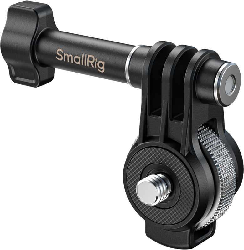 The SmallRig 5762 Selfie Stick Adapter is a black metal camera accessory arm with knob and adjustable joint designed for mounting and positioning camera accessories.