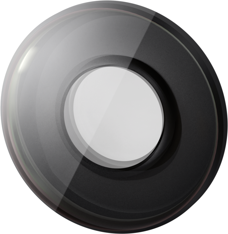 Antigravity A1 Replacement Lens Kit -vaihtolinssi -vaihtolinssi paljastaa lähikuvassaan sen kiiltävän mustan viimeistelyn, pyöreän lasikeskuksen ja heijastavan pinnan, joka tuo esiin valon heijastukset ja tyylikkään, modernin muotoilun.