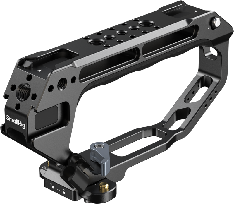 The SmallRig 5661 D-Style Top Handle with NATO Clamp is a black metal camera cage handle with multiple mounting holes and an ergonomic, sturdy grip that makes it easy to attach accessories to video cameras.