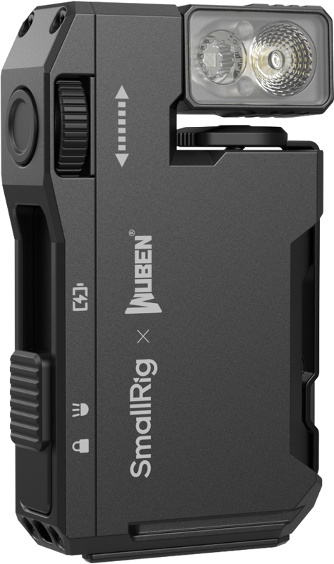 SmallRig 5710 Thumb EDC Flashlight -taskulamppu on kompakti musta laite, jossa on ylös käännettävä LED-valo, ohjauspainikkeet, pyörivä valitsin ja näkyvä tuotemerkki sen pinnalla.
