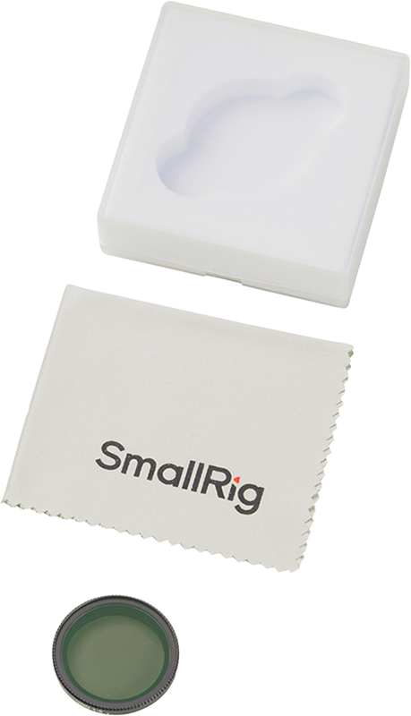 SmallRig 5788 VND 1-5 Stop filter for DJI Osmo Nano, white plastic case with custom indentation, and beige cleaning cloth with SmallRig logo displayed on white background.