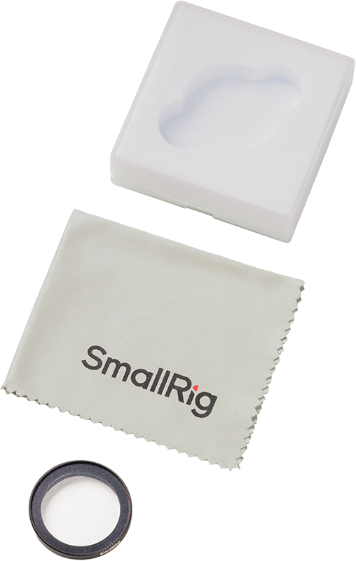 SmallRig 5871 CPL filter for DJI Osmo Nano, black round filter, microfiber cloth and white plastic case with lens-shaped recess, placed on a white background.