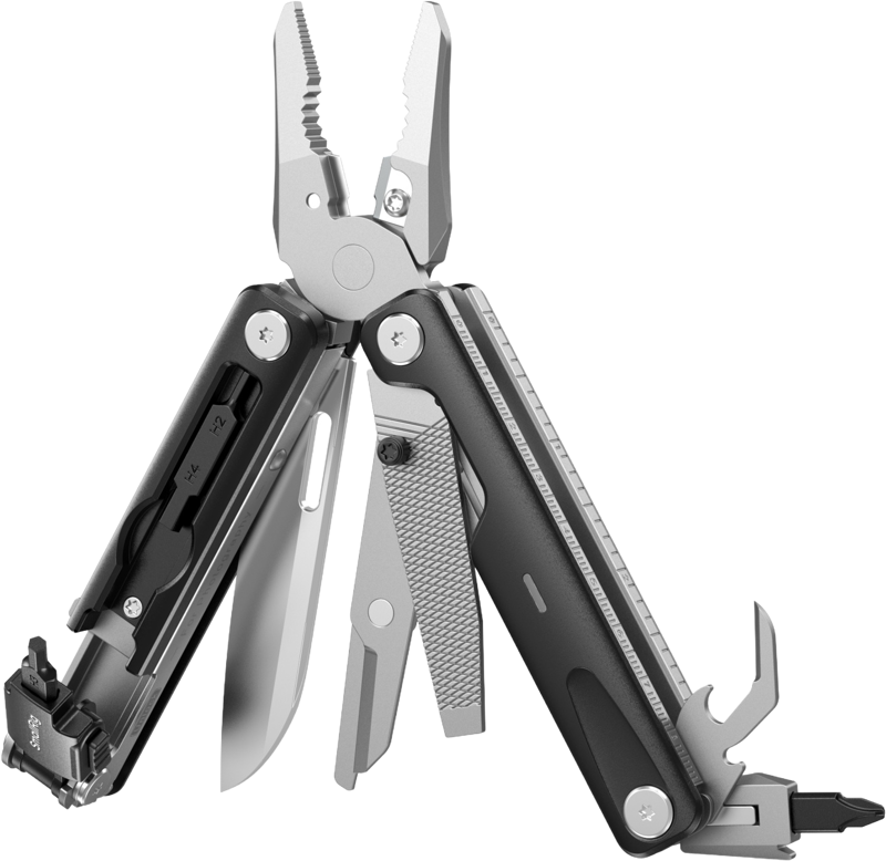 The SmallRig 5294 EDC multi-tool for photographers features pliers, a knife, file, screwdriver, bottle opener and other folding tools, presented in fan-shaped order. Its handles are black and silver.