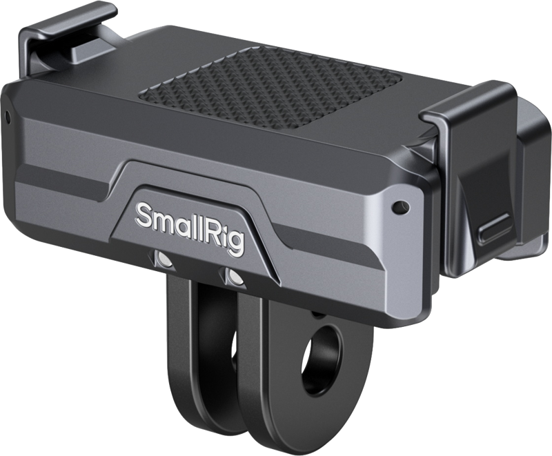 The SmallRig 3662 Magnetic Adapter DJI Osmo Action is a metal, rectangular camera accessory mount with two bottom mounting holes and secure side clips for attaching devices.