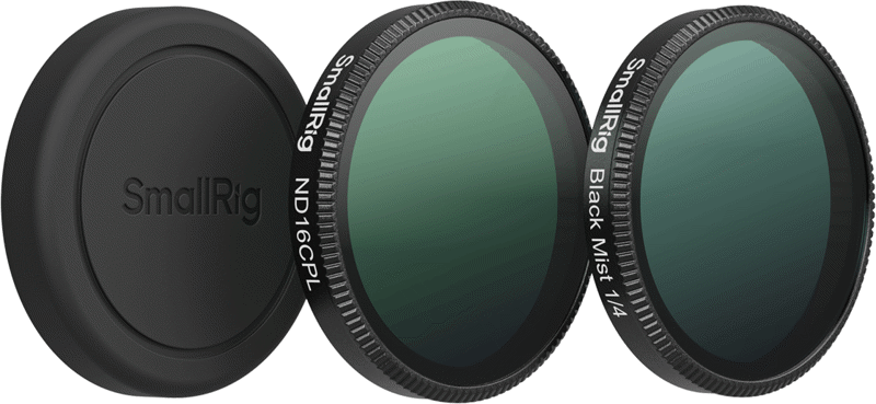 The SmallRig 5896 filter kit for DJI Osmo Action 6 includes a black lens cover on the left and two round filters, ND16CPL and Black Mist 1/4 with green tinted glass, pictured right.