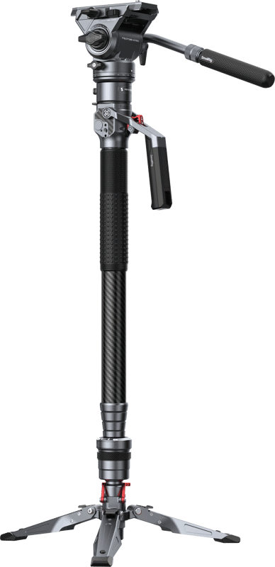 SmallRig 5565 Carbon fibre video monopod, black and silver, with handle, adjustable parts and tripod feet at the bottom, standing upright against a white background.
