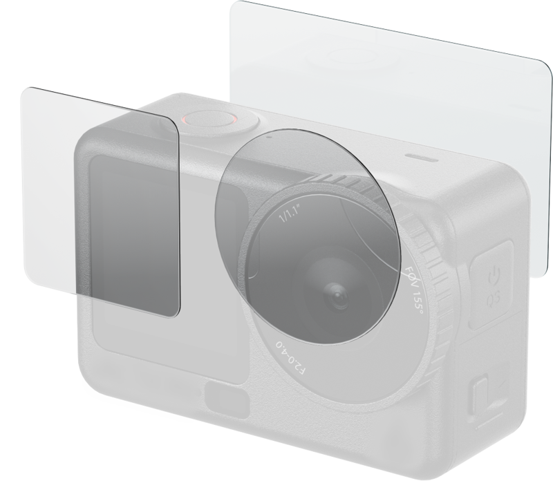 SmallRig 5892 suojalasi näytetään sovellettuna DJI Osmo Action 6 -kameraan, mikä osoittaa, miten tämä suojalasi suojaa kameran näyttöä ja objektiivia.