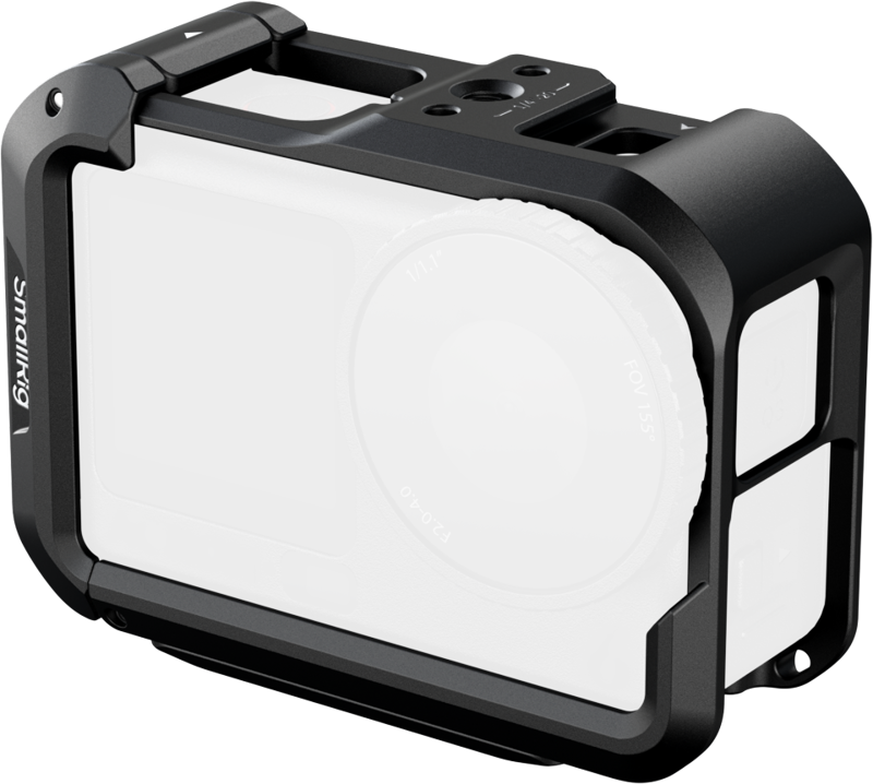 The SmallRig 5887 Cage for DJI Osmo Action 6 (Advanced Edition) is a black cage that securely holds and protects your camera, with multiple mounting points and precise openings for controllers and port.