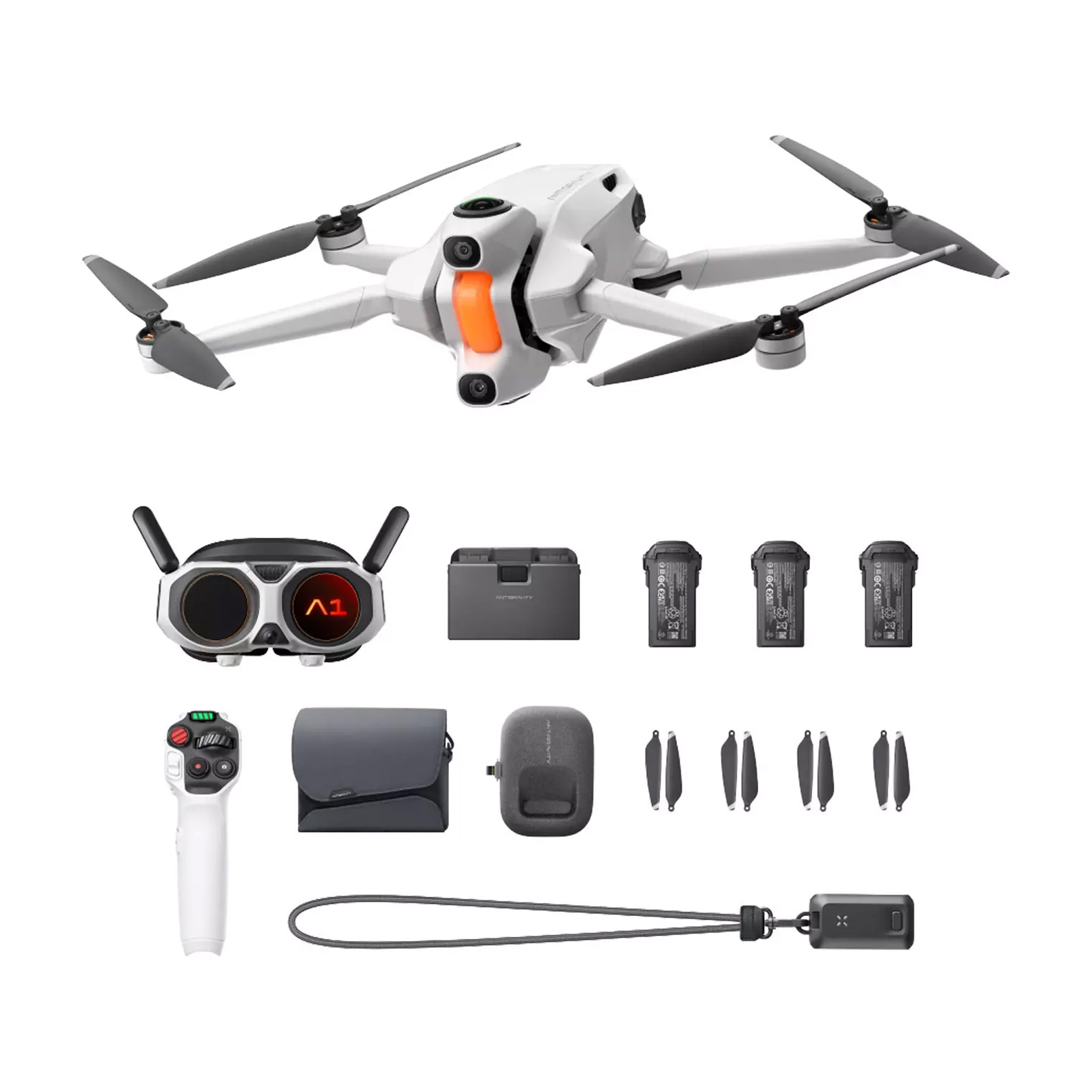 Antigravity A1 Explorer Bundle -lennokki on esillä lisävarusteineen: kauko-ohjain, kolme akkua, latausnapa, ylimääräiset potkurit, olkalaukku, joystick-ohjain, kaapelit ja suojakotelot.